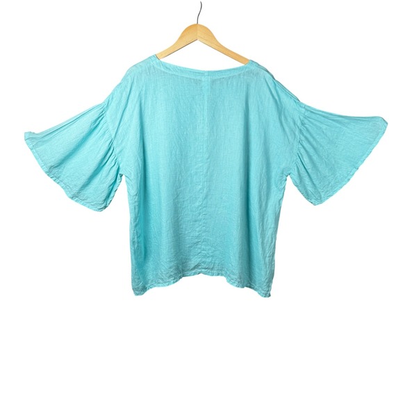 Match Point Turquoise 100% Linen Bell Sleeve Round Neck Top Sz XL Made USA - Picture 5 of 11